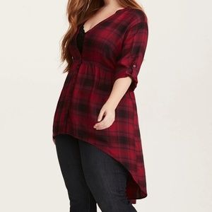 New Red Black 3/4 Plaid Hi-Lo Button Front Tunic